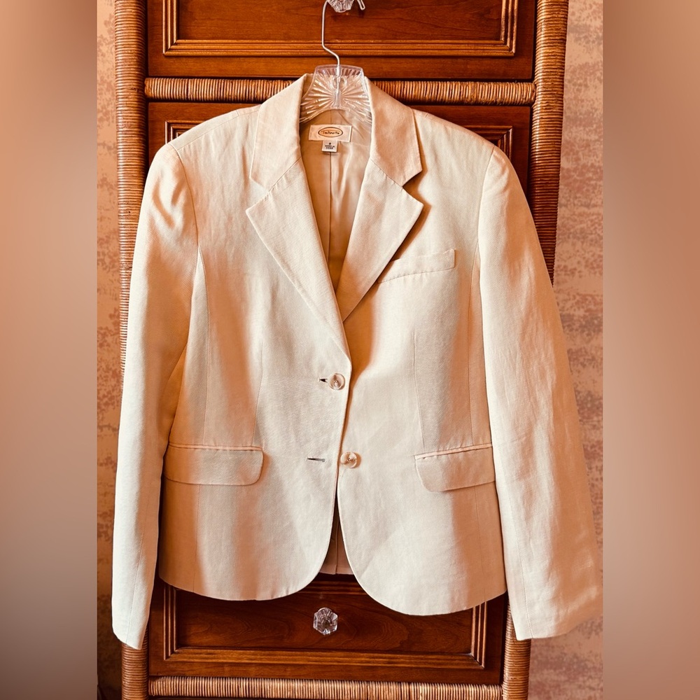 Talbots Classic Linen/Silk Blend 2-Button Lined Tan/Cream Blazer Jacket Sz 8
